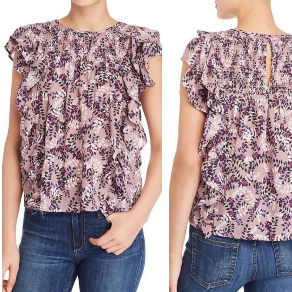 Aqua Floral Smocked Ruffle Blouse